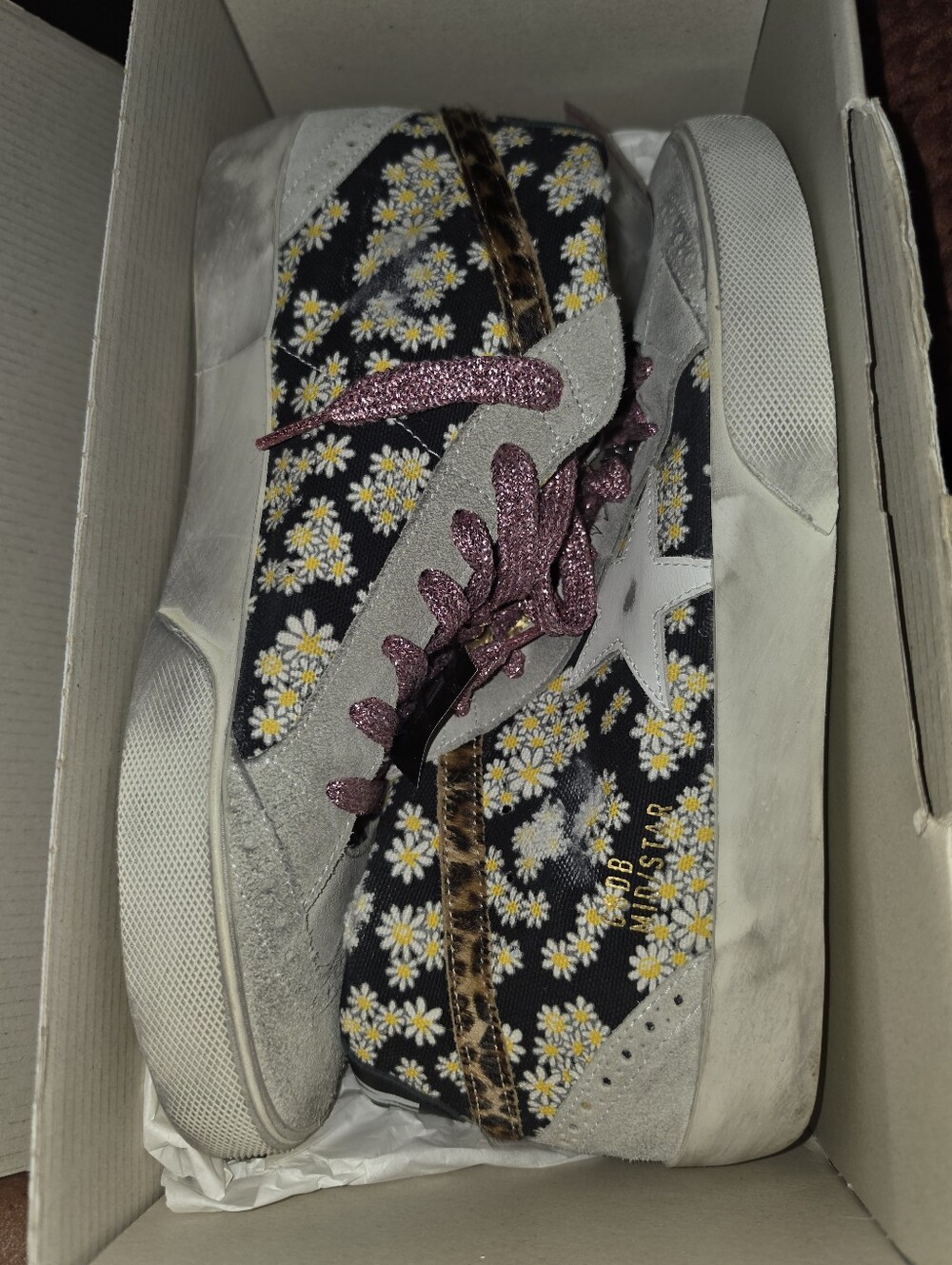 Golden Goose Mid Star Sneaker in Black & White Daisies, & Ice Size 41